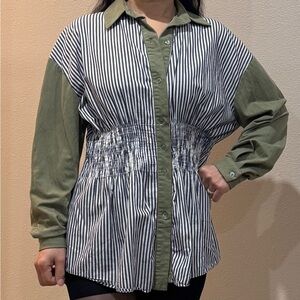 Striped Button-Up Shirt with Green Sleeves